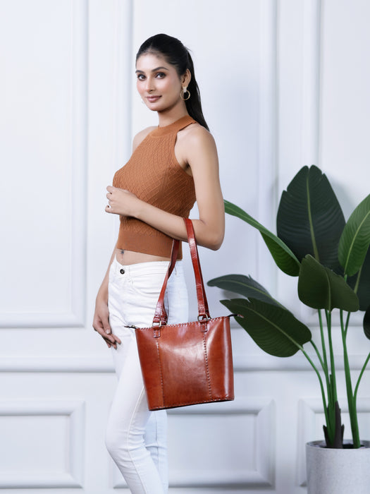 Solid Structure Tan Leather Mini Tote