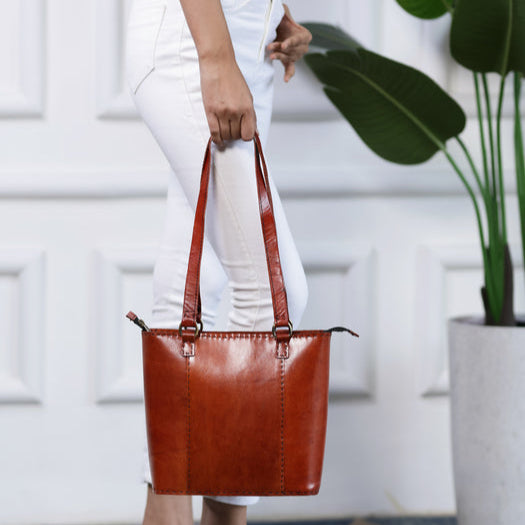 Solid Structure Tan Leather Mini Tote