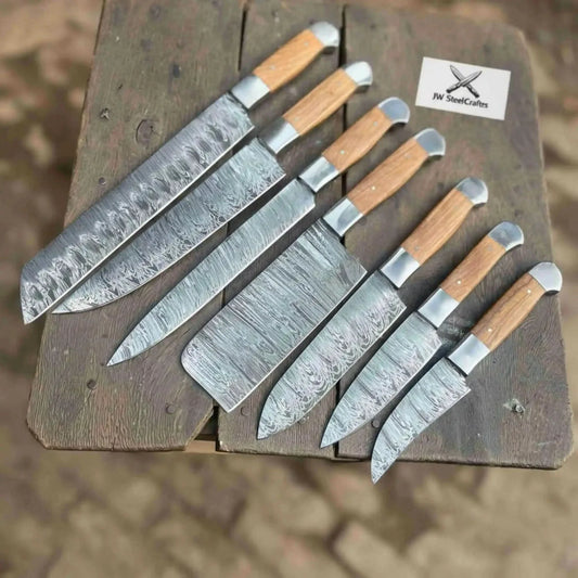 7-Piece Handmade Damascus Chef Knife Set with Wood Handles (Professional Kitchen Set)