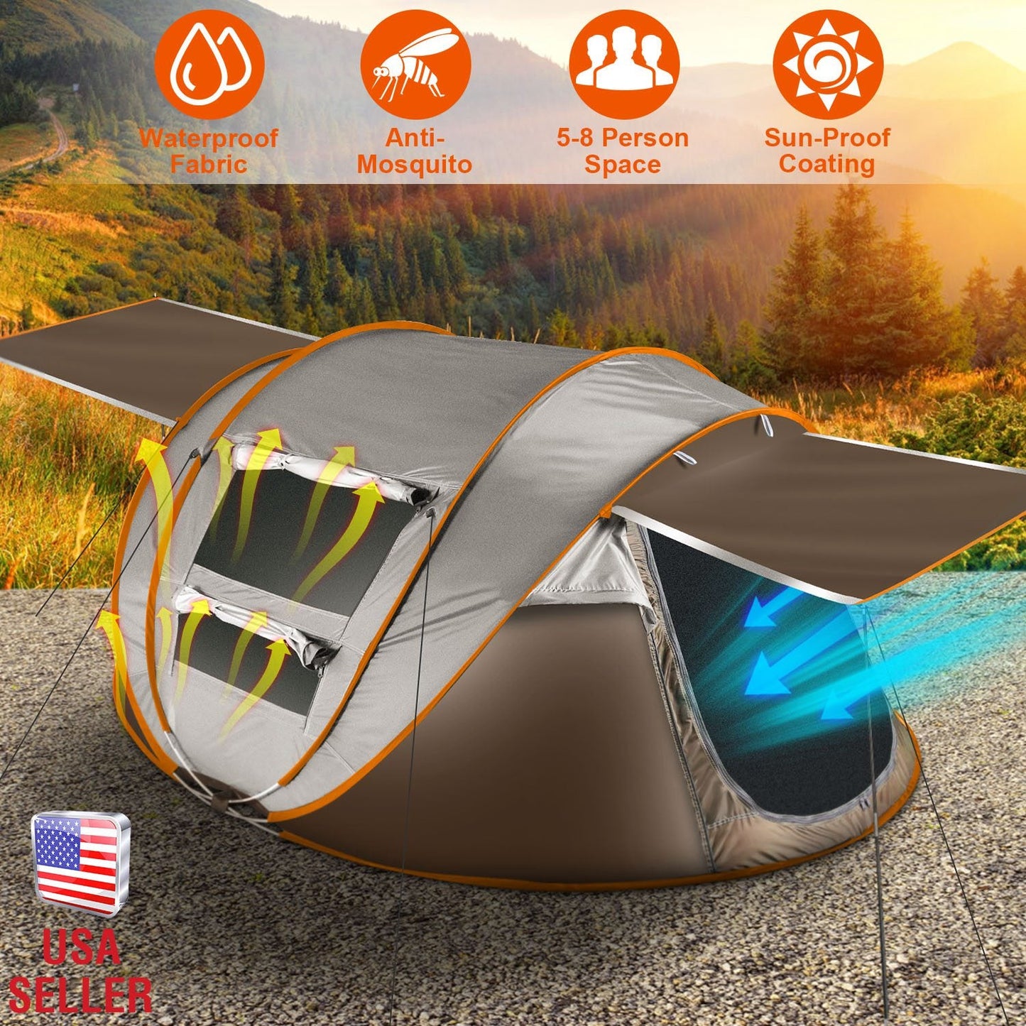 3-4 Person Pop Up Tent Automatic Setup Camping Tent Waterproof Instant Setup Tent with 2 Mosquito Net Windows Carrying Bag for Hiking Climbing Adventu