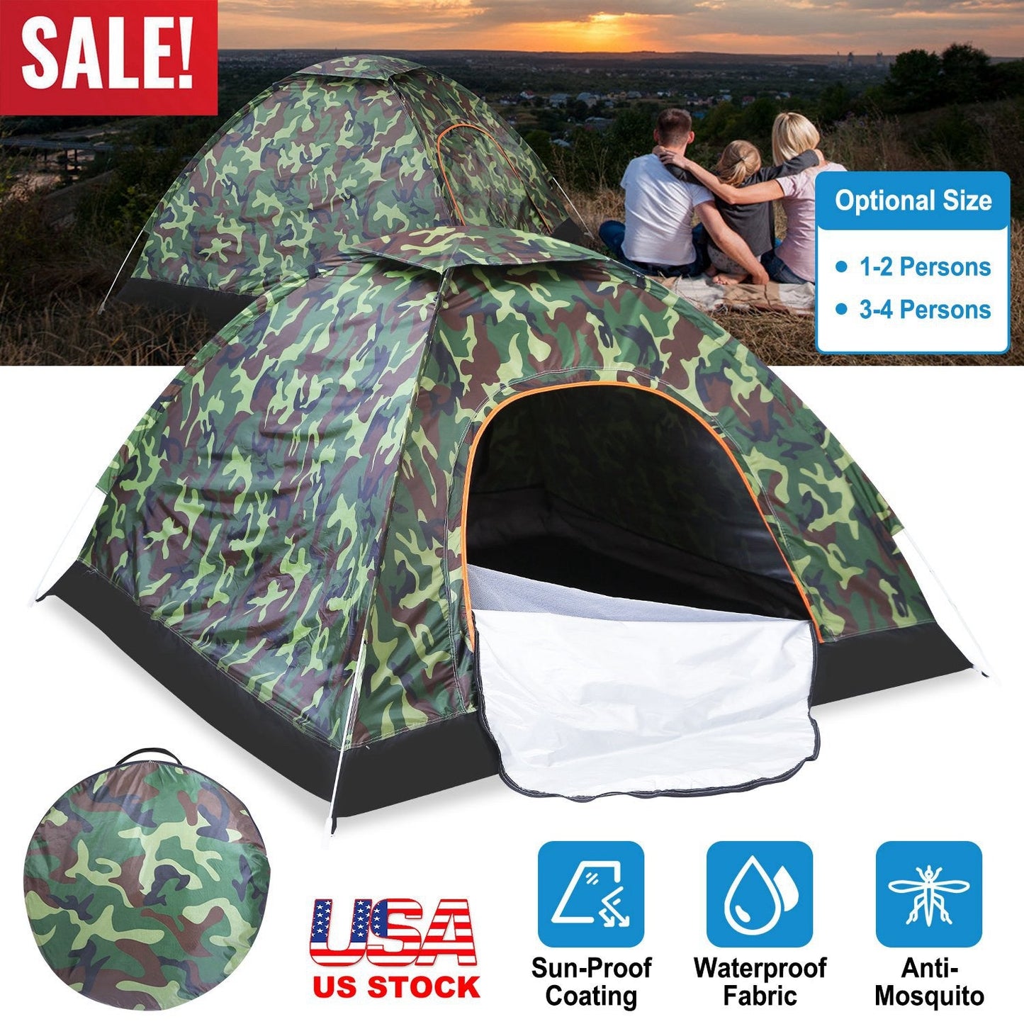 1/2 Person Instant Pop Up Dome Tent Waterproof Camping Tent w/Mosquito Net Doors Bags