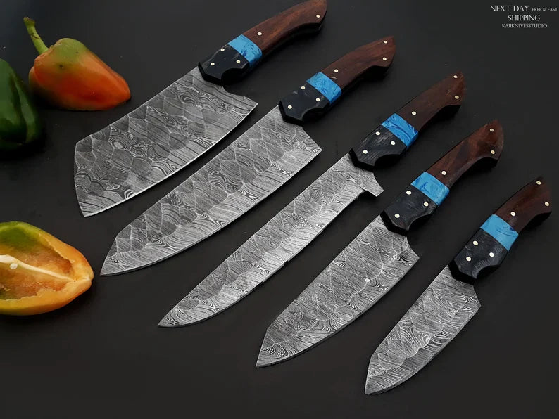 Best Chef Knives Sets – 13" Damascus Steel Blade with Wenge Resin Handle & Leather Sheath
