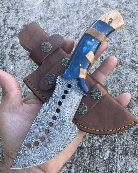 Raindrops Pattern Damascus Steel Handmade Tom Brown Tracker Knife with Epoxy Resin Handle - 10 Inches Overall Length