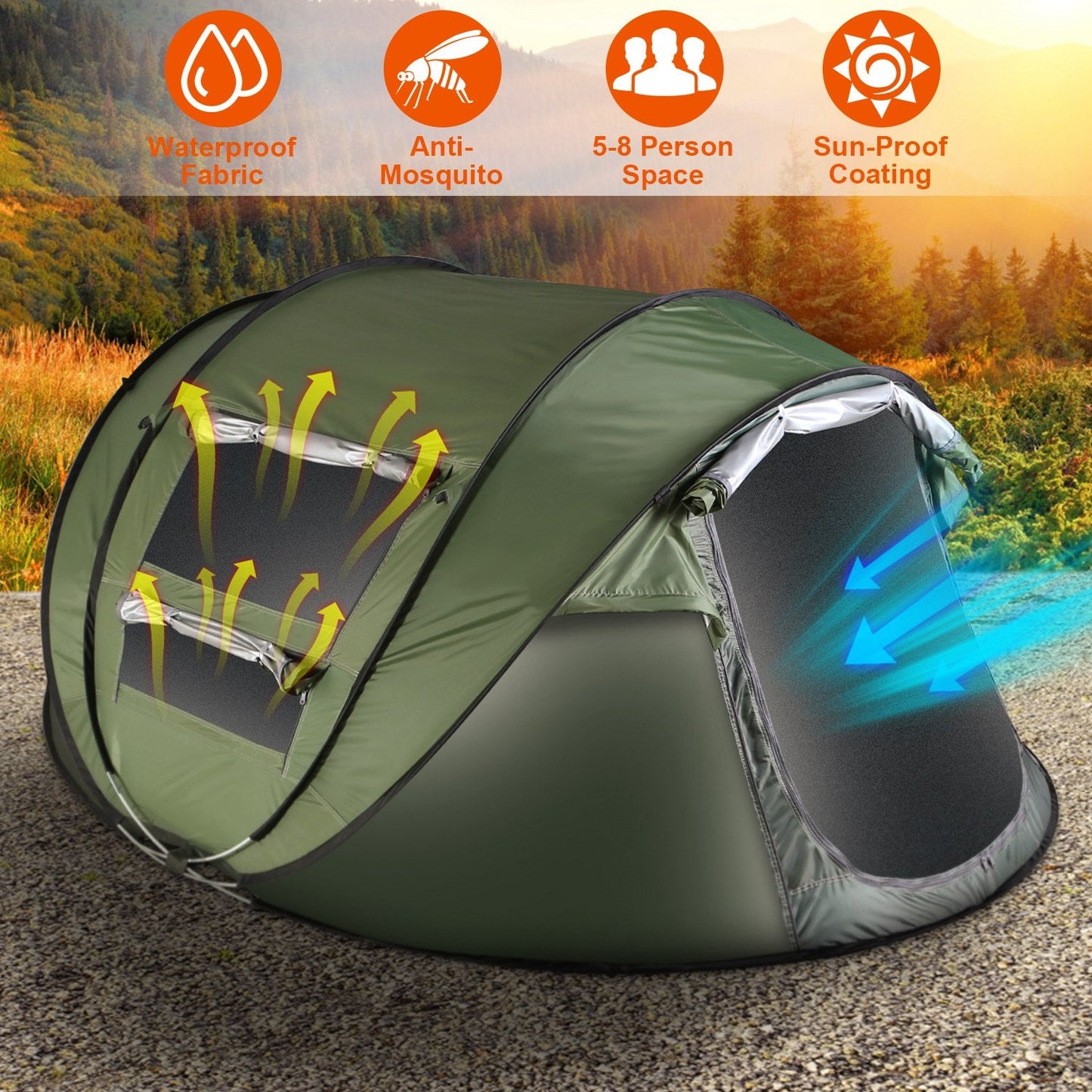 3-4 Person Pop Up Tent Automatic Setup Camping Tent Waterproof Instant Setup Tent with 2 Mosquito Net Windows Carrying Bag for Hiking Climbing Adventu