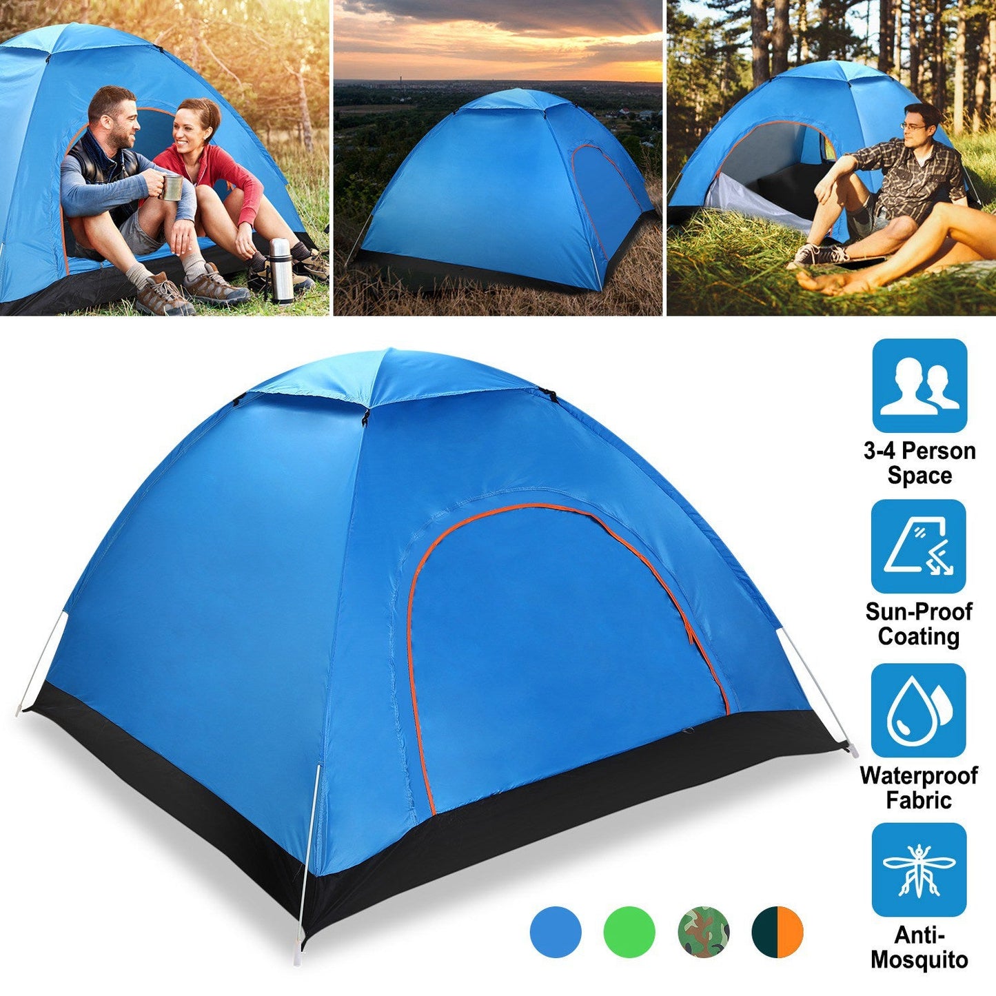 4 Persons Camping Waterproof Tent Pop Up Tent Instant Setup Tent w/2 Mosquito Net Doors Carrying Bag Folding 4 Seasons for Hiking Climbing Adventure F