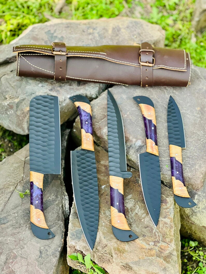 Best Knife Block Set – 13" Forged Stainless Steel Blade with Olivewood & Epoxy Resin Handle + Leather Sheath