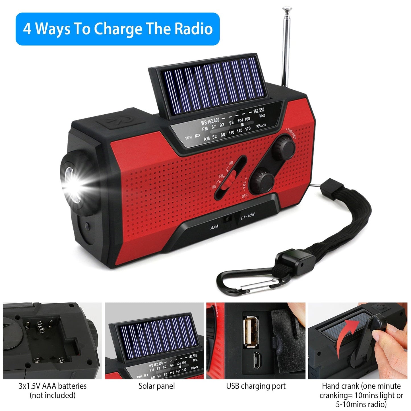 Emergency Solar Hand Crank Weather Radio AM/FM/NOAA Radio SOS 2000mAh Power Bank Flashlight w/ Reading Lamp