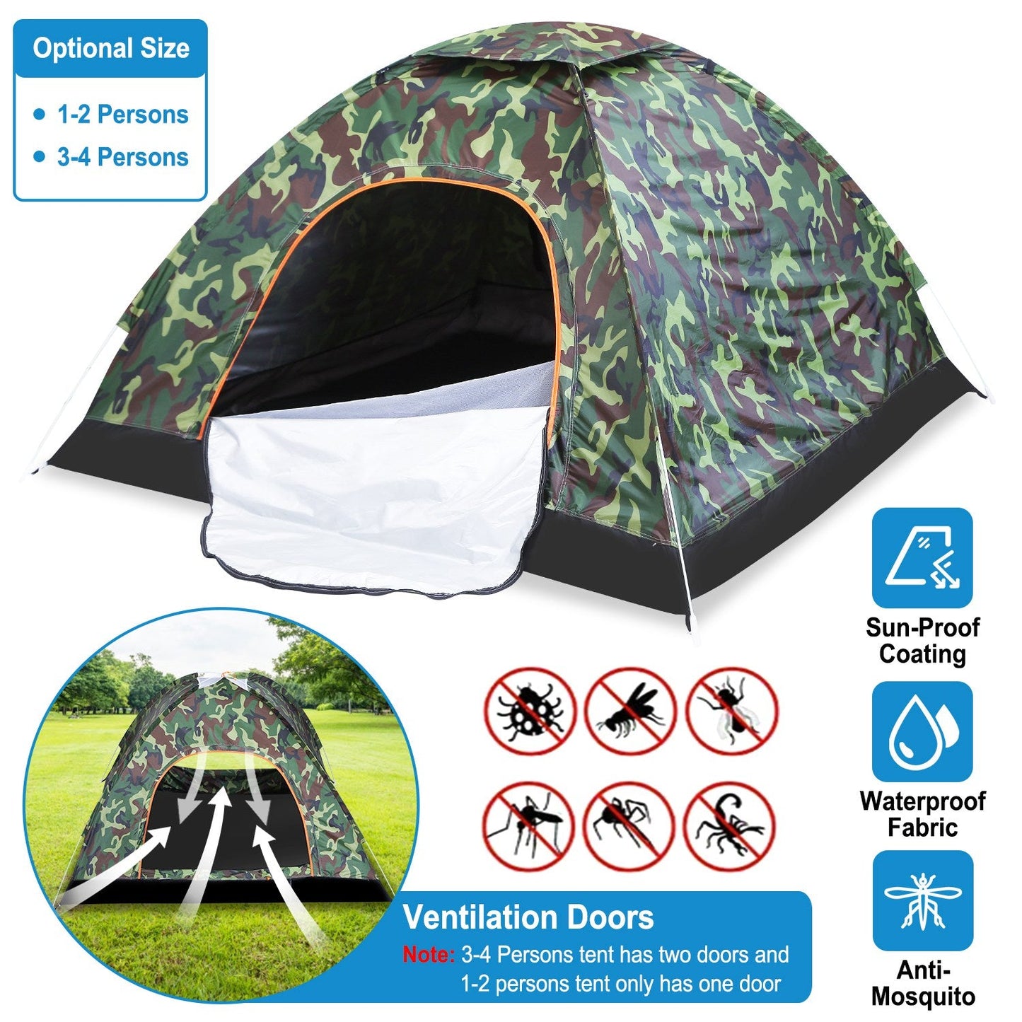 1/2 Person Instant Pop Up Dome Tent Waterproof Camping Tent w/Mosquito Net Doors Bags