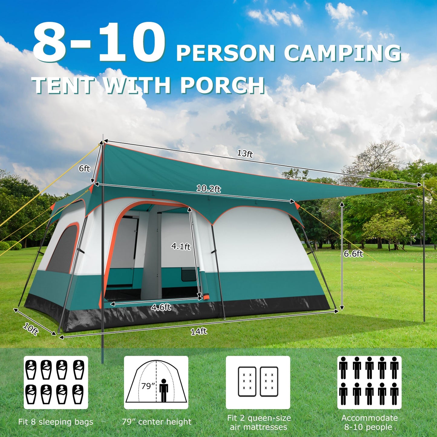 8-10 Person Camping Tent with Double Rooms and 2 Doors