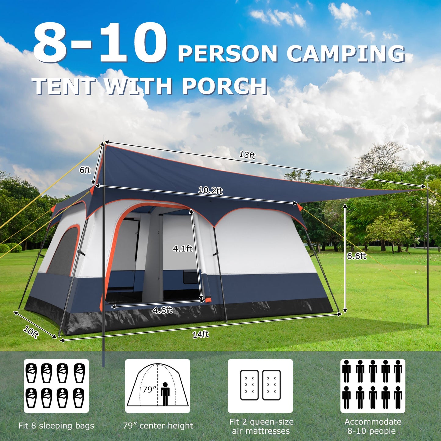8-10 Person Camping Tent with Double Rooms and 2 Doors