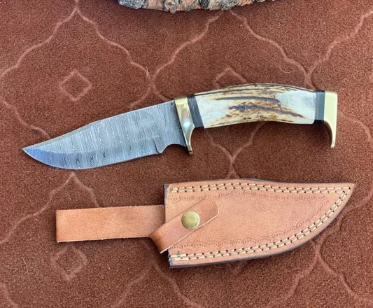 Custom Handmade Damascus Steel Hunting Knife with Antler Horn Handle & Brass Guards – 10" | KBS Knives