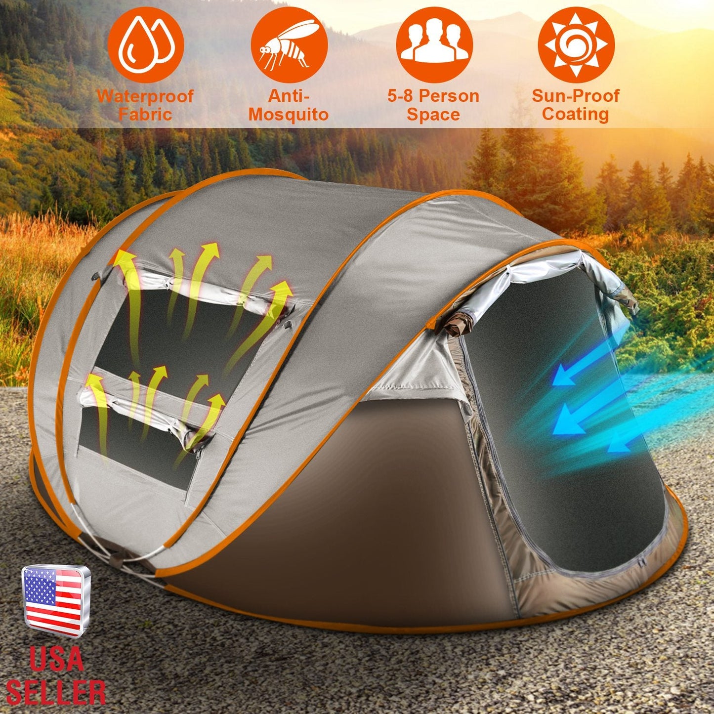 3-4 Person Pop Up Tent Automatic Setup Camping Tent Waterproof Instant Setup Tent with 2 Mosquito Net Windows Carrying Bag for Hiking Climbing Adventu