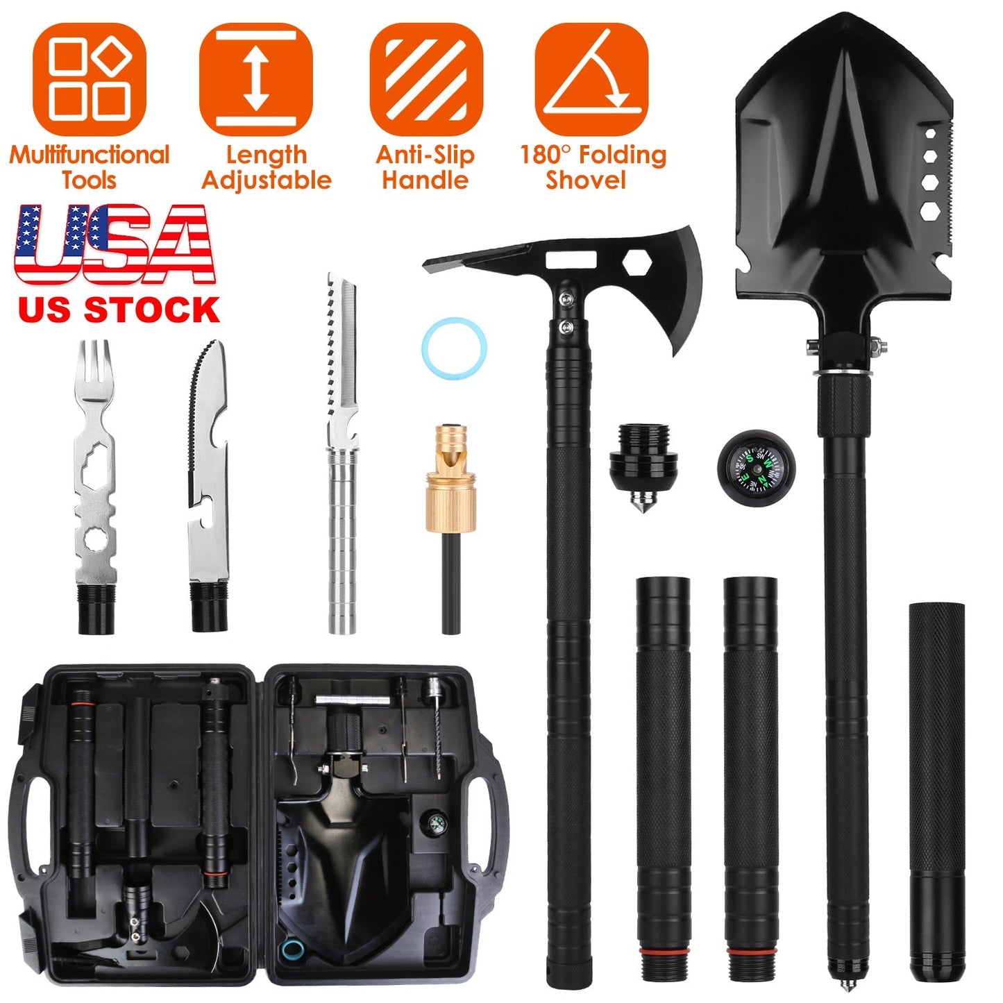 Multifunctional Shovel Axe Set Camping Survival Shovel Multitool Emergency Survival Gear with Extension Handles Carrying Box