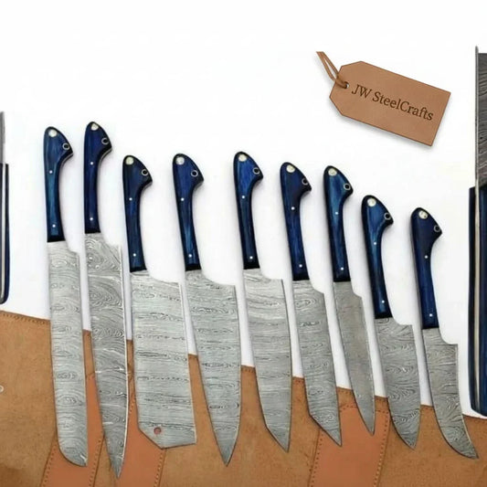 9-Piece Damascus Kitchen Knife Set with Leather Roll, Chef, Santoku, Nakiri, Bread, Utility, Boning and Paring Knives, Blue Handle Full Tang, JW SteelCrafts