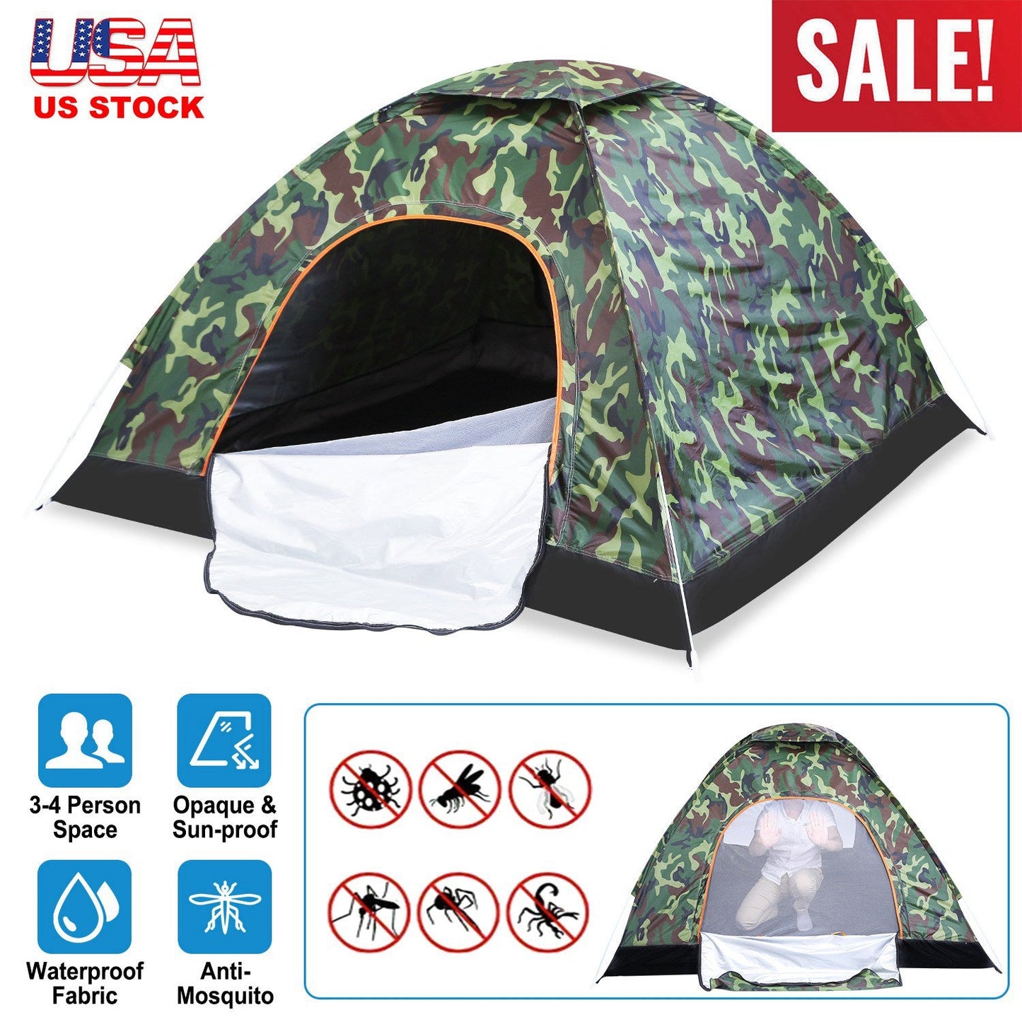 1/2 Person Instant Pop Up Dome Tent Waterproof Camping Tent w/Mosquito Net Doors Bags