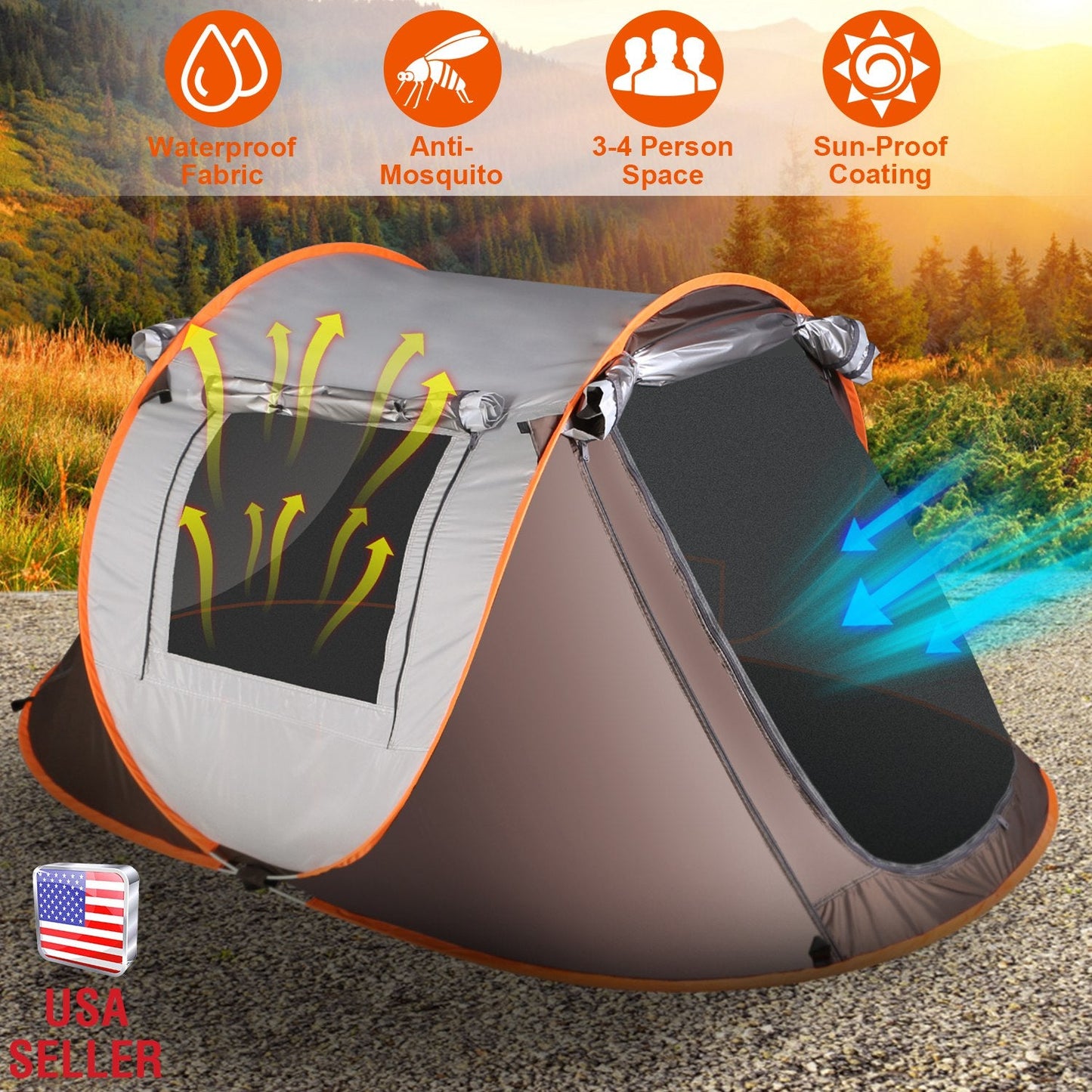 3-4 Person Pop Up Tent Automatic Setup Camping Tent Waterproof Instant Setup Tent with 2 Mosquito Net Windows Carrying Bag for Hiking Climbing Adventu