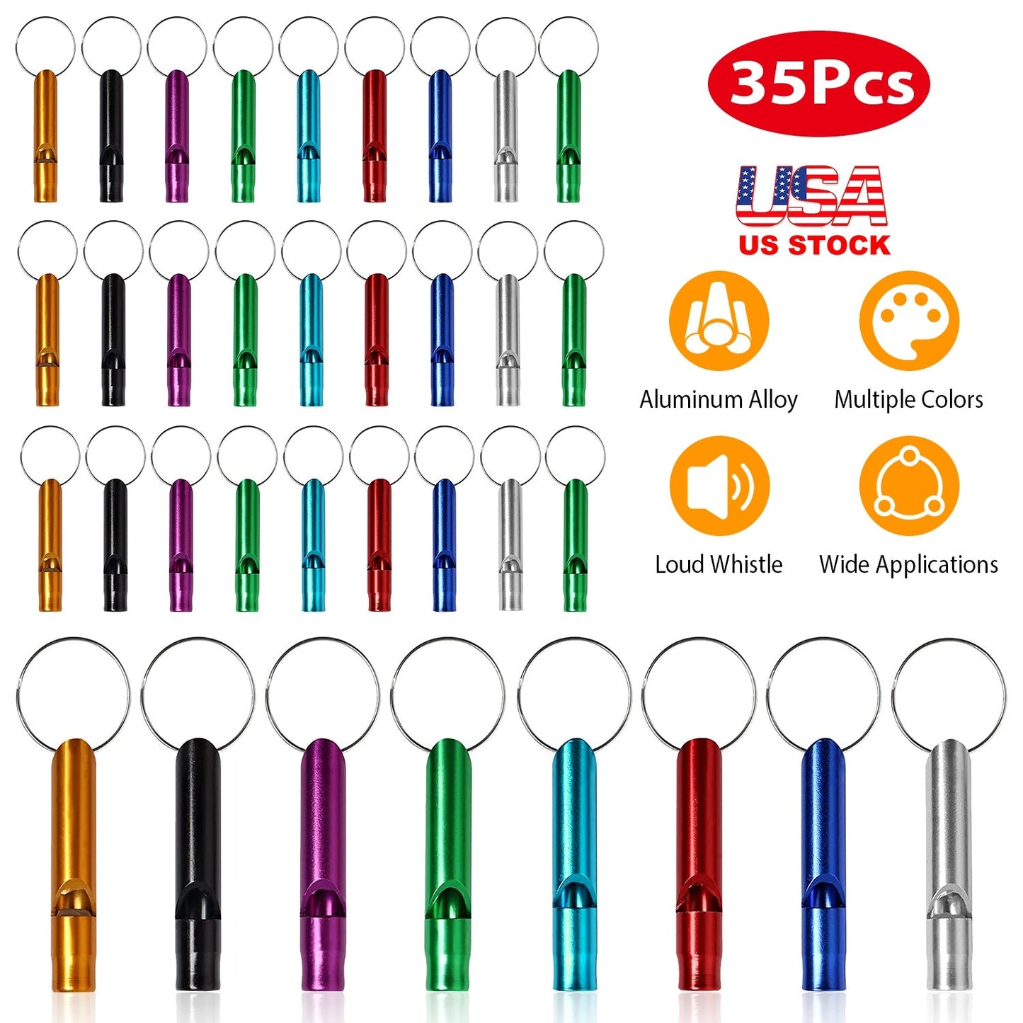 35Pcs Emergency Whistles Extra Loud Aluminum Alloy Whistle with Key Chain Ring for Camping Hiking Hunting Outdoor Sports Emergency Situations