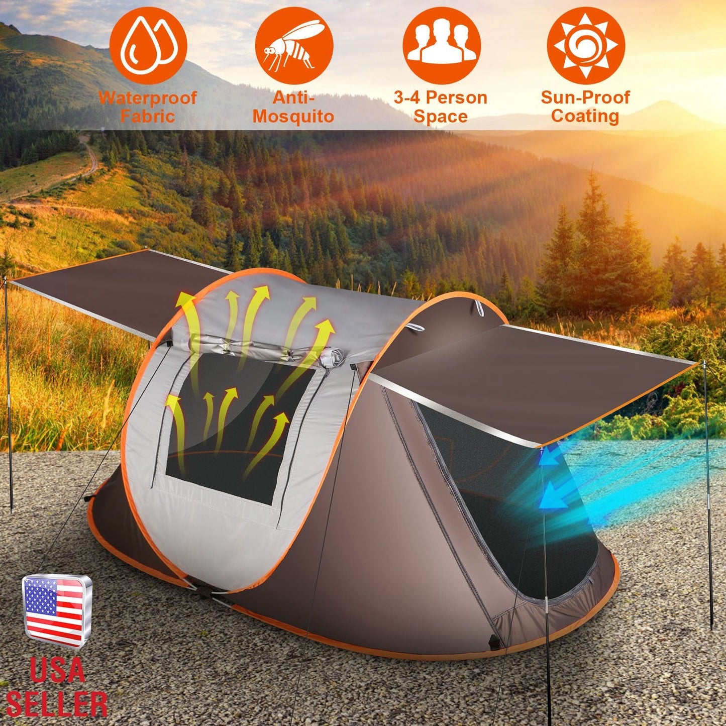3-4 Person Pop Up Tent Automatic Setup Camping Tent Waterproof Instant Setup Tent with 2 Mosquito Net Windows Carrying Bag for Hiking Climbing Adventu