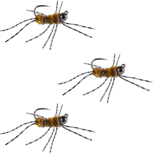 3 Pack Barbless Pat's Barred Rubber Legs Tungsten Bead Jigged Coffee/Tan Euro Nymph  - Hook Size 6
