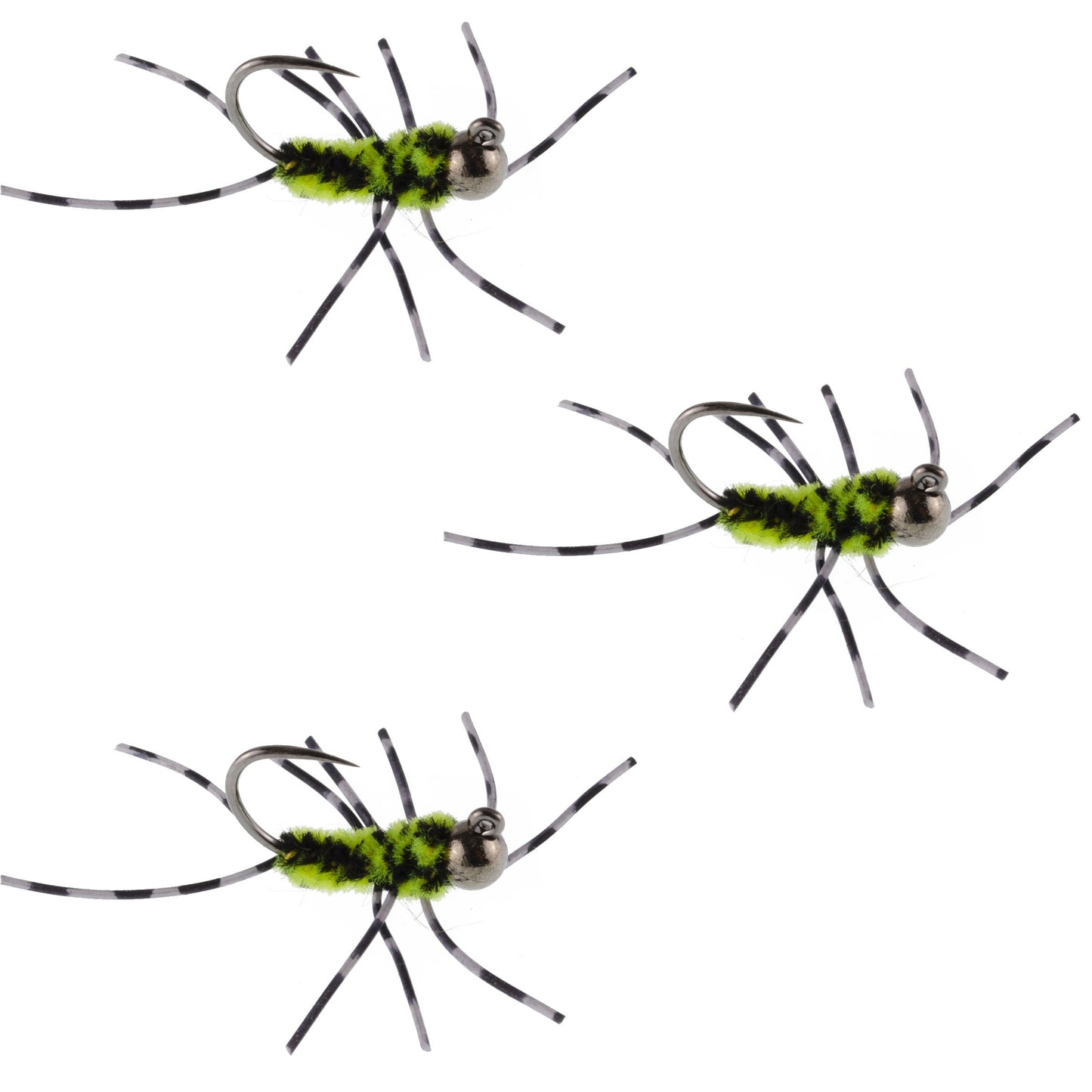 3 Pack Barbless Pat's Barred Rubber Legs Tungsten Bead Jigged Black/Chartreuse Euro Nymph  - Hook Size 6
