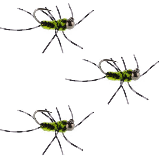 3 Pack Barbless Pat's Barred Rubber Legs Tungsten Bead Jigged Black/Chartreuse Euro Nymph  - Hook Size 6