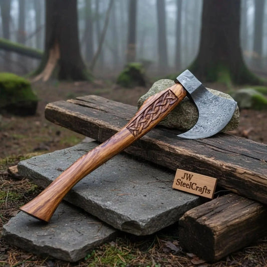 Hand Forged Damascus Bearded Viking Axe, Carved Rosewood Handle Nordic Bushcraft Hatchet | JW SteelCrafts