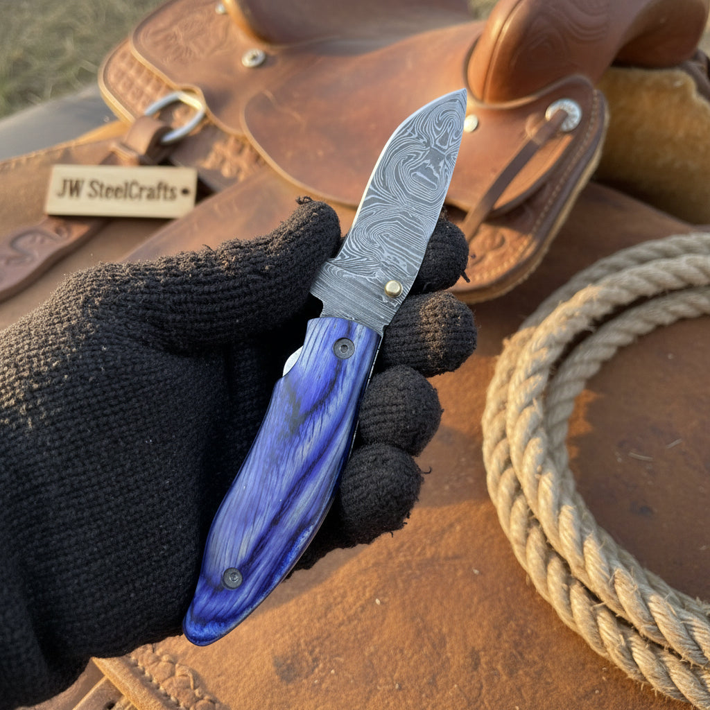 Hand Forged Damascus Gentleman’s Folding Knife Blue Pakkawood Handle Liner Lock EDC