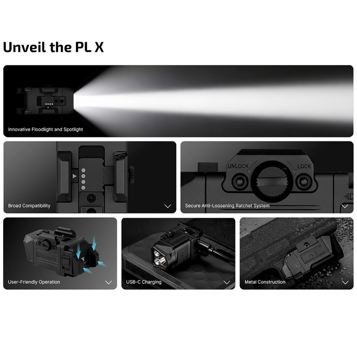 Olight PL-X Dual Beam Weapon Light 1200 Lumen USB-C Rechargeable Pistol Light