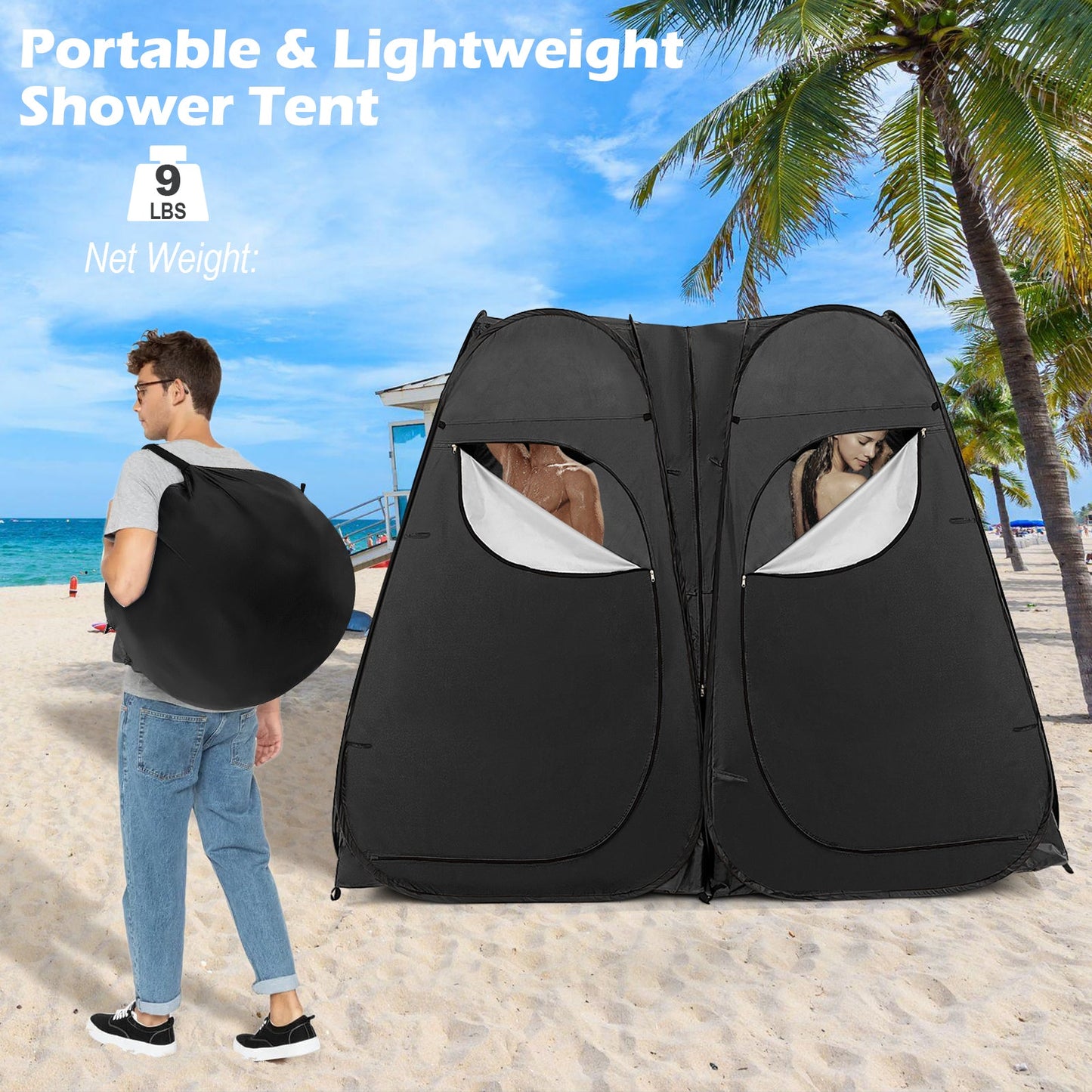 Oversized Pop Up Shower Tent with Window Floor and Storage Pocket