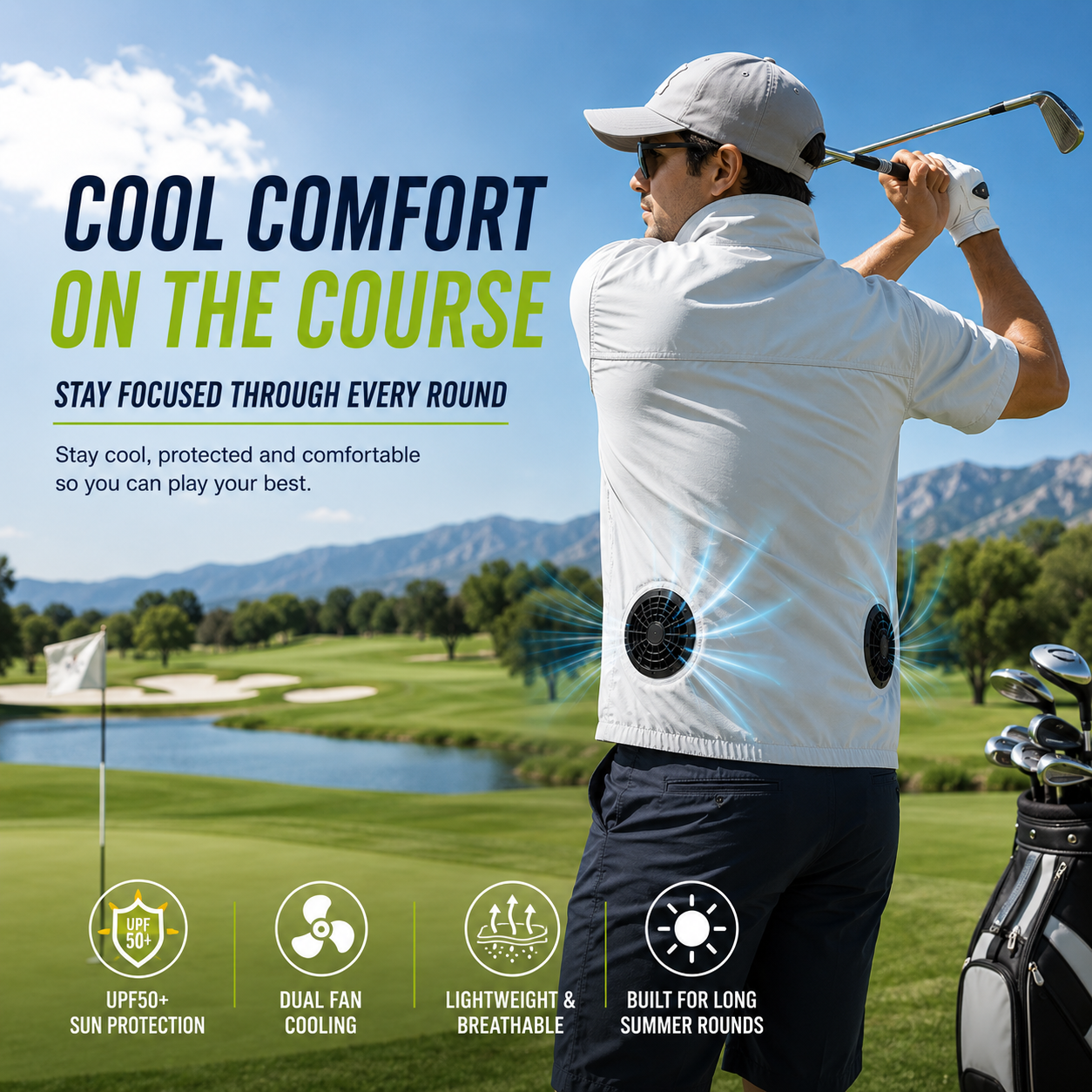 Liteguest UPF50+ Cooling Fan Vest for Hiking, Golf & Outdoor Work