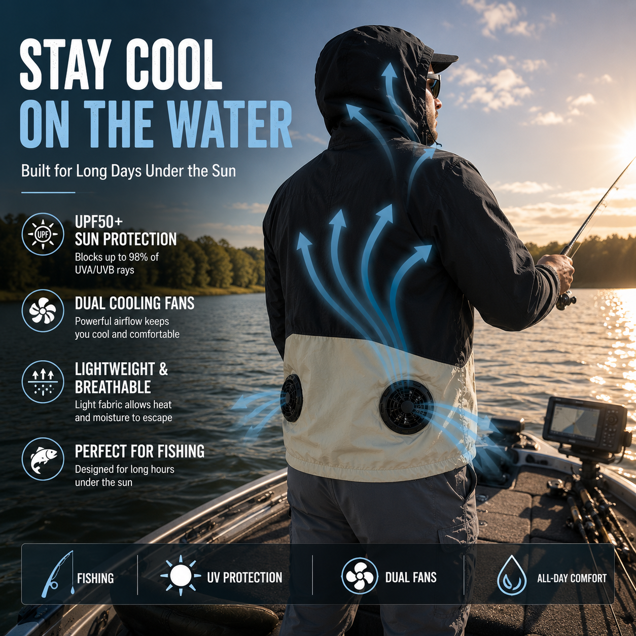 Liteguest UPF50+ Cooling Fan Jacket for Fishing, Hiking & Work