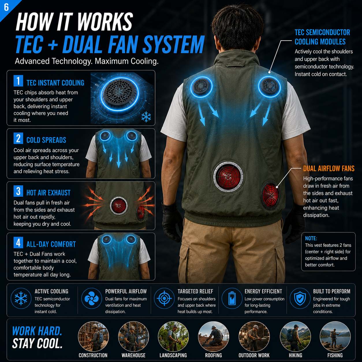LITEGUEST TEC Cooling Fan Vest | Active Cooling with Dual Fans
