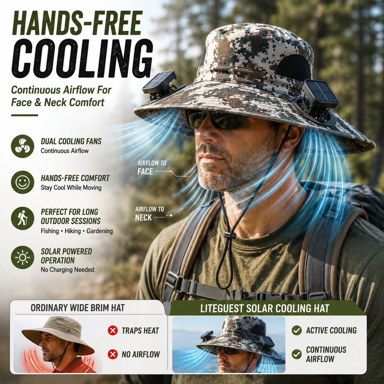 LITEGUEST Solar Cooling Hat with Dual Fans & UPF50+ Sun Protection