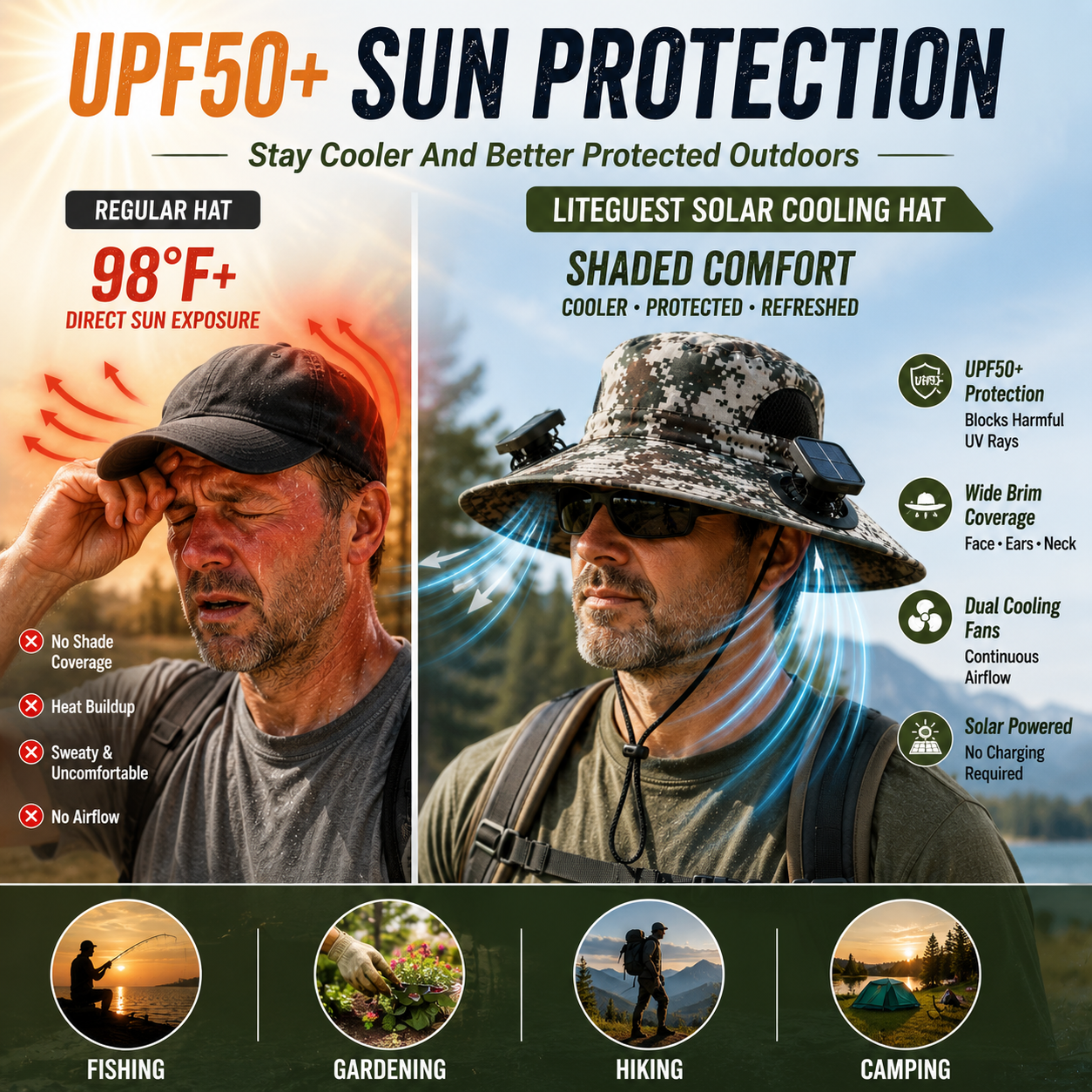 LITEGUEST Solar Cooling Hat with Dual Fans & UPF50+ Sun Protection