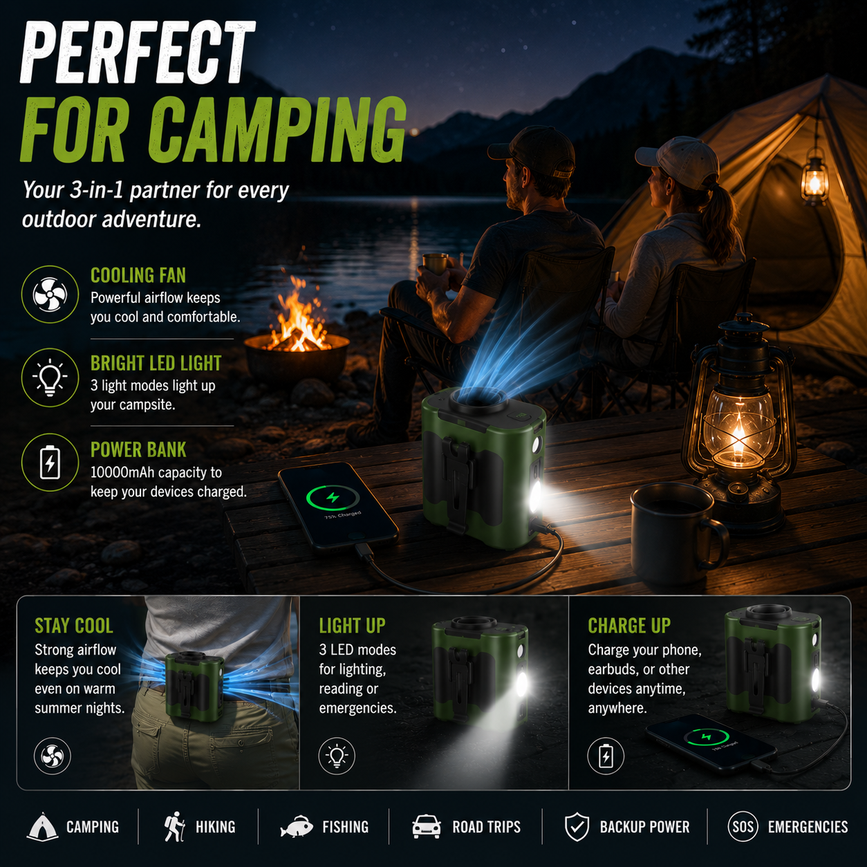 LITEGUEST 3-in-1 Cooling Fan, Power Bank & LED Light