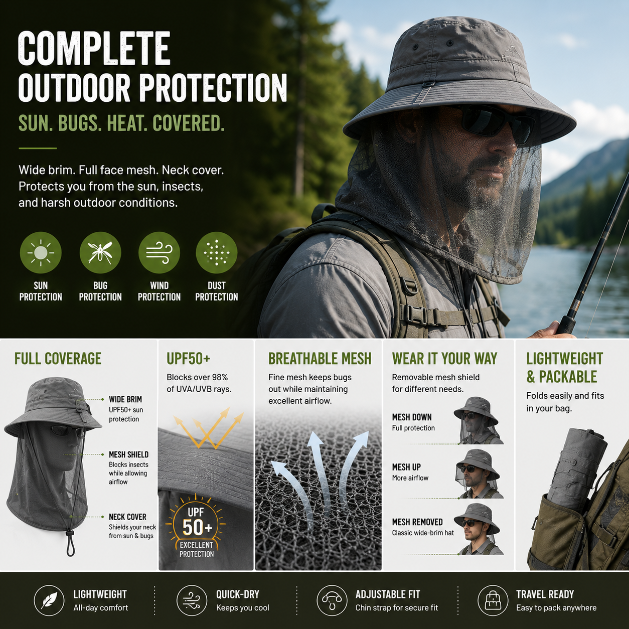 LITEGUEST Mosquito-Proof Fishing Hat – UPF50+ Sun & Bug Protection Hat