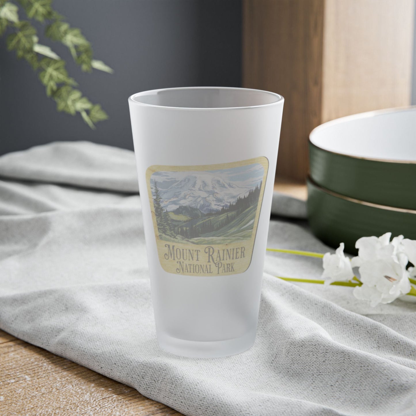 Mount Rainier National Park Frosted Pint Glass Sign