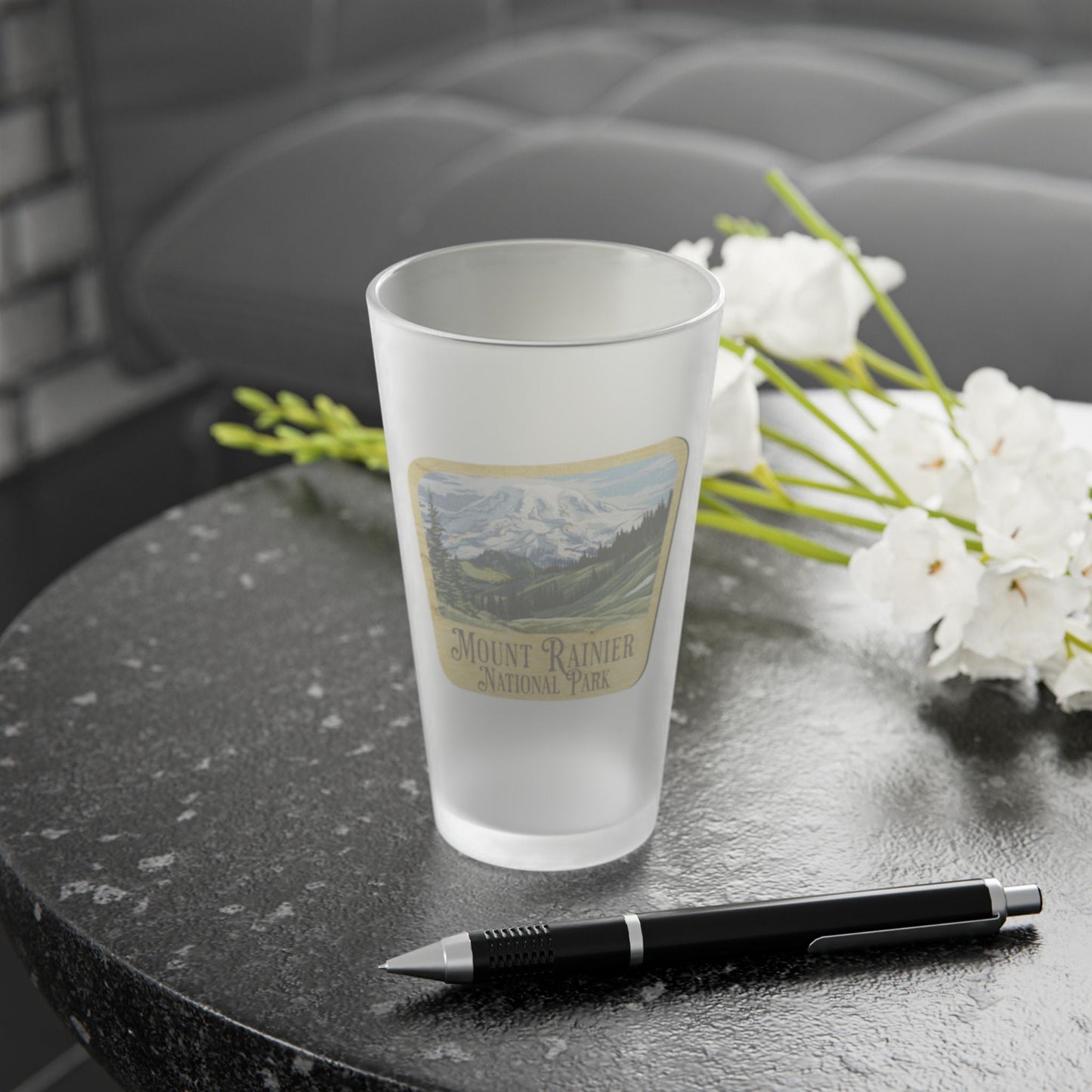 Mount Rainier National Park Frosted Pint Glass Sign