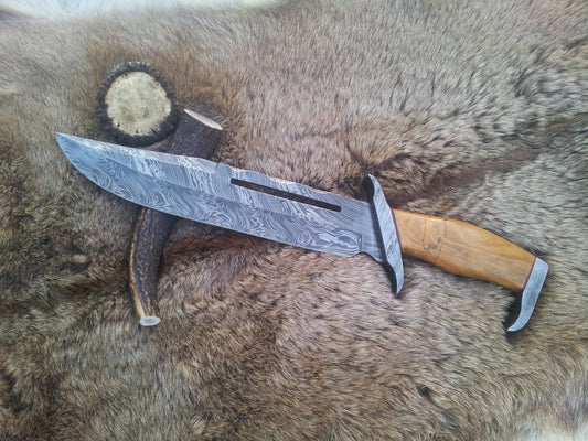 Rambo Knife for Sale - Custom Handmade Damascus Bowie with Olivewood Handle
