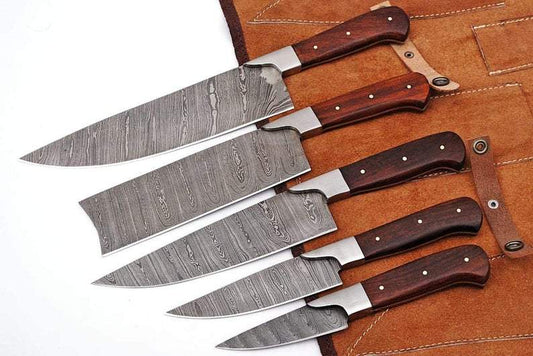 Best Japanese Cutlery Set – 13" Forged Damascus Steel Knife with Bone & Rosewood Handle and Leather Sheath