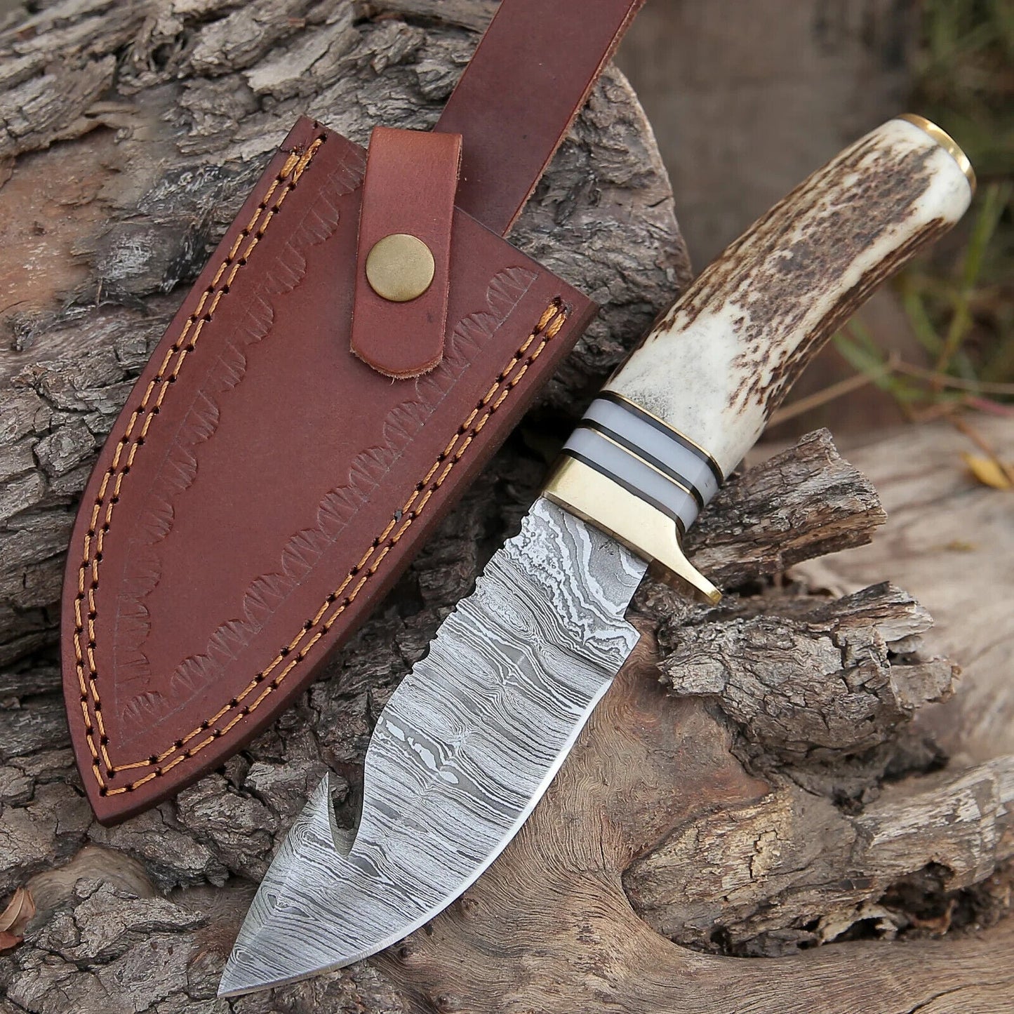 Custom Handmade Damascus Steel Guthook Skinning Knife – 9" Stag Horn & Brass Guard with Leather Sheath