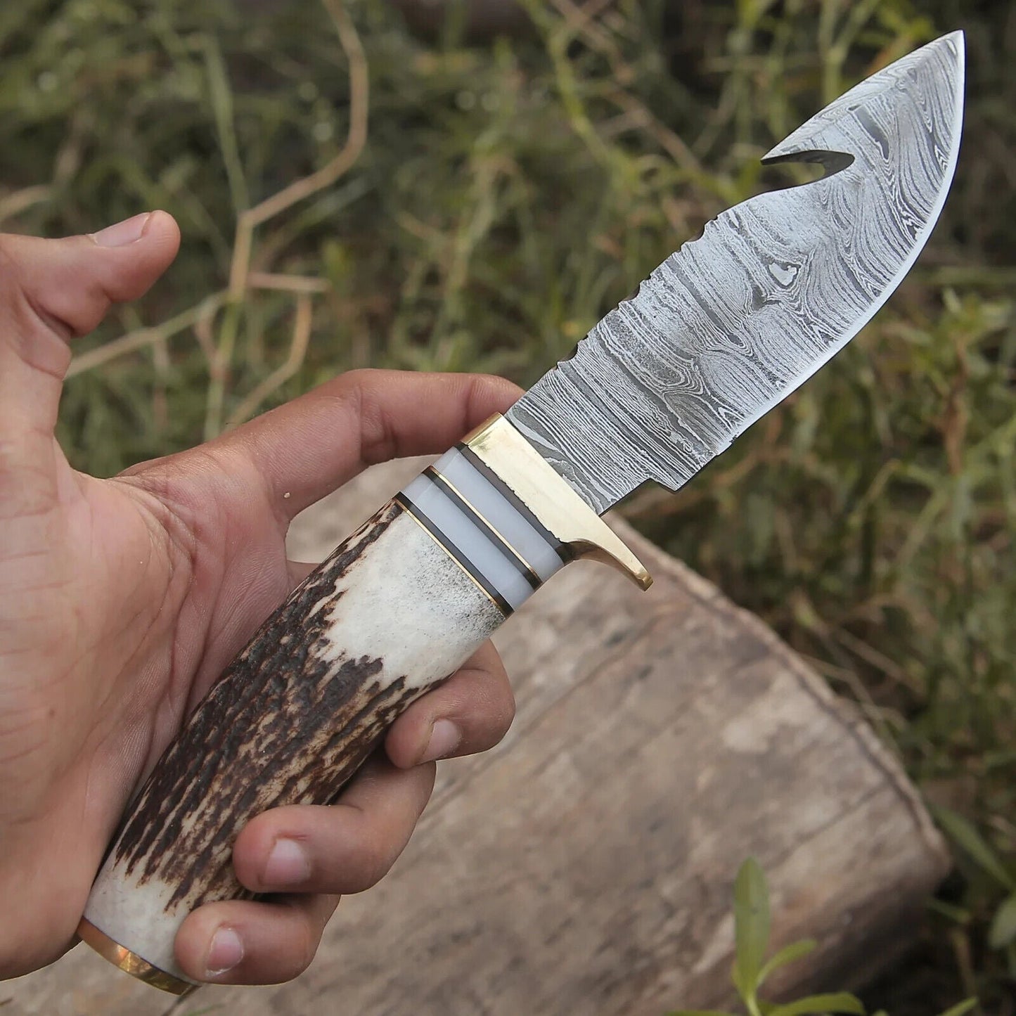 Custom Handmade Damascus Steel Guthook Skinning Knife – 9" Stag Horn & Brass Guard with Leather Sheath