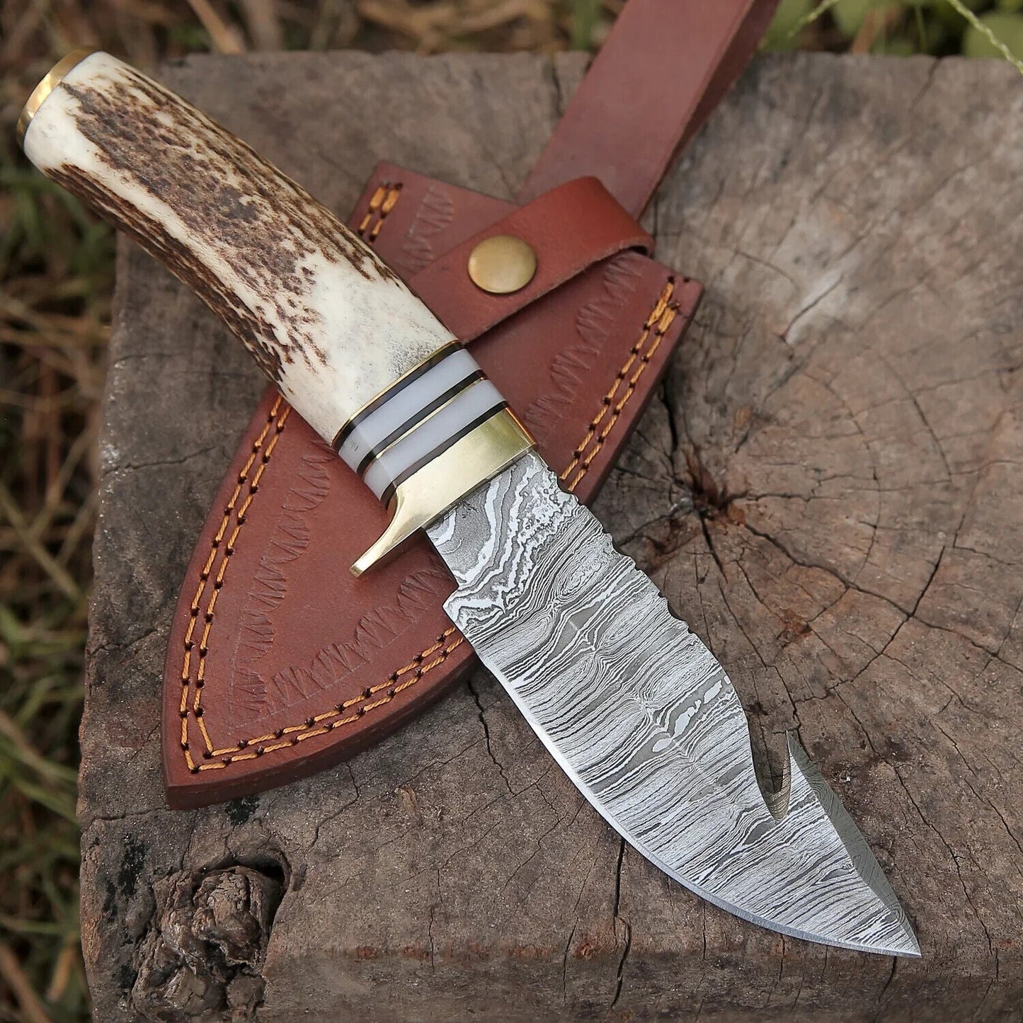 Custom Handmade Damascus Steel Guthook Skinning Knife – 9" Stag Horn & Brass Guard with Leather Sheath