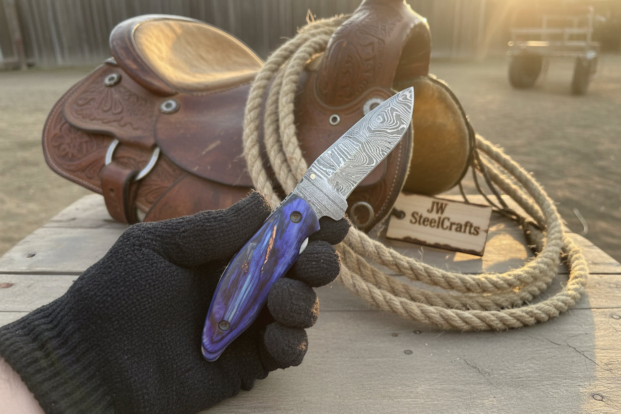 Hand Forged Damascus Gentleman’s Folding Knife Blue Pakkawood Handle Liner Lock EDC
