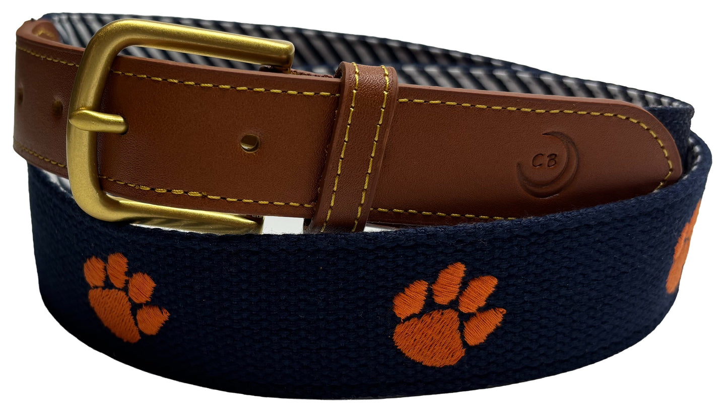 Clemson University Tigers - Officially Licensed - Orange Paw Embroidery on Navy Blue Canvas Web Belt