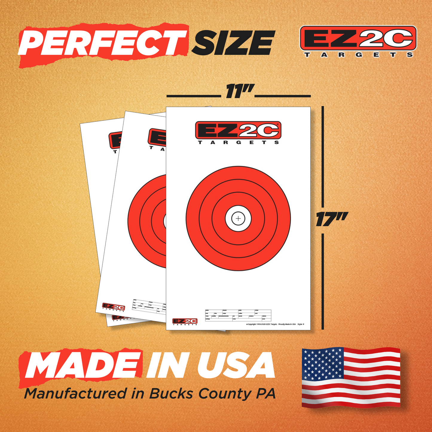 EZ2C Targets Style 9: 8" Bullseye Paper Shooting Target 11"x17" USA MADE Hi-Viz