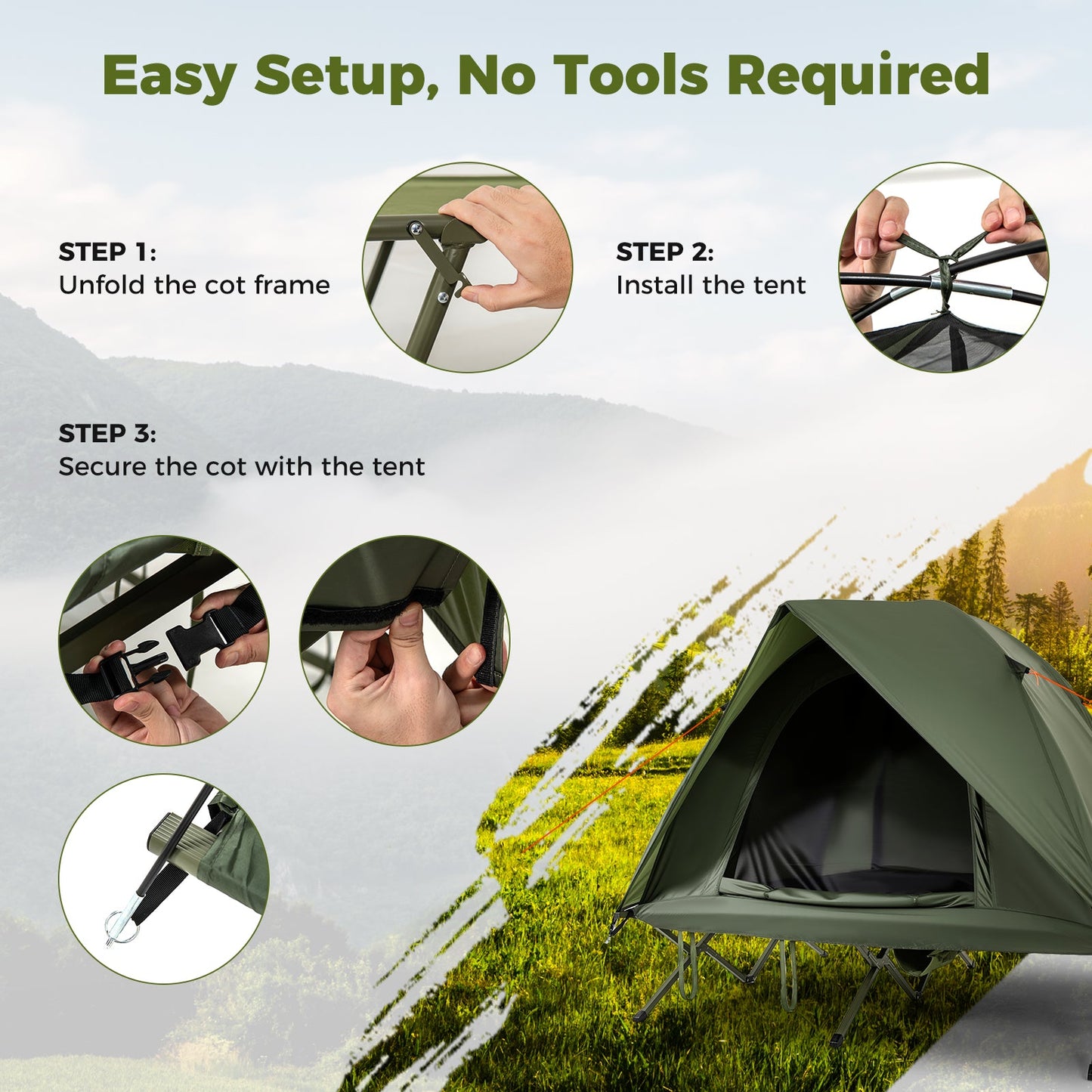 2-Person Camping Cot Tent Foldable Off-Ground Camping Combo for Adults