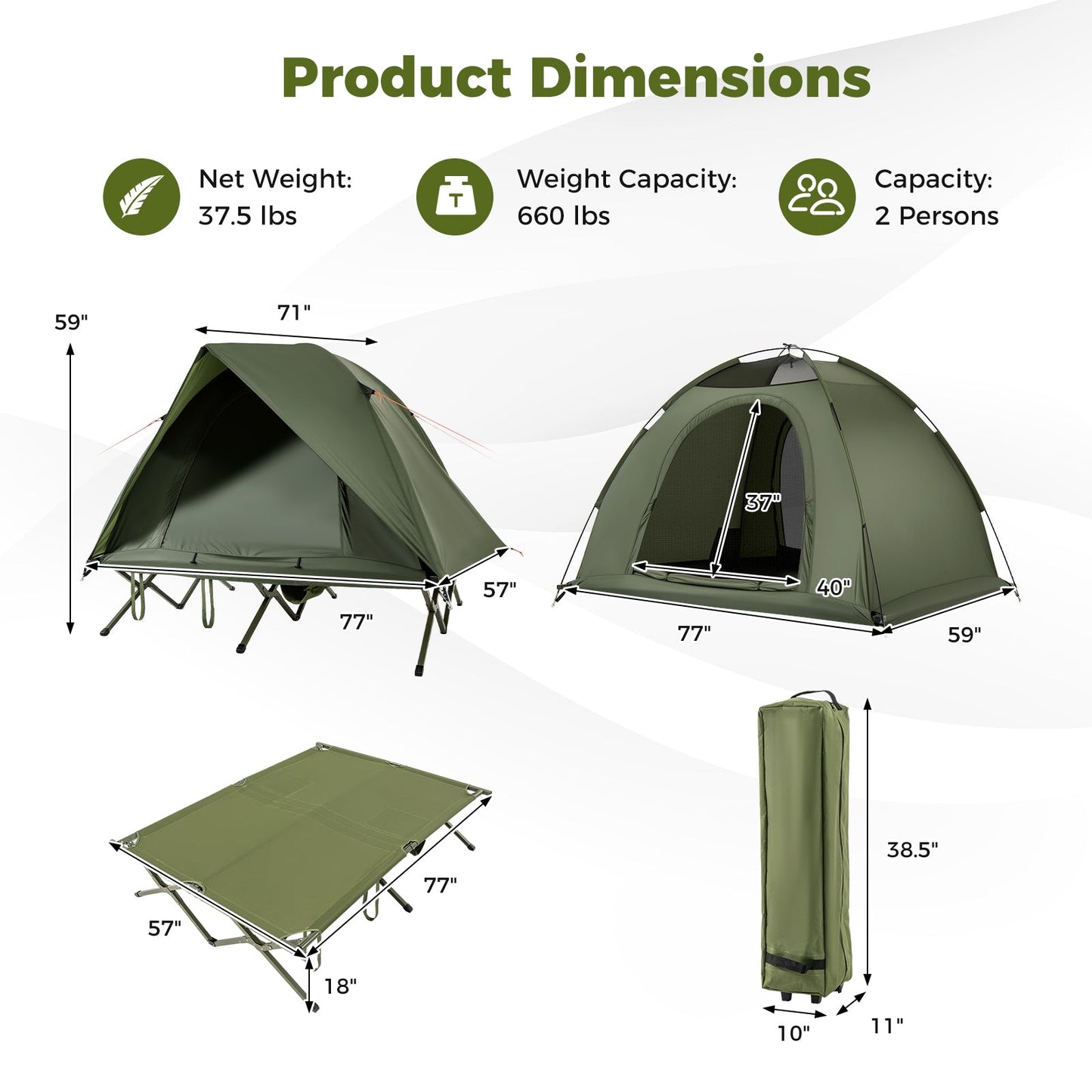 2-Person Camping Cot Tent Foldable Off-Ground Camping Combo for Adults