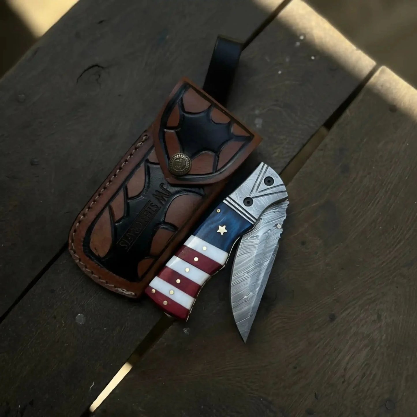 Damascus Folding Pocket Knife — American Flag Handle