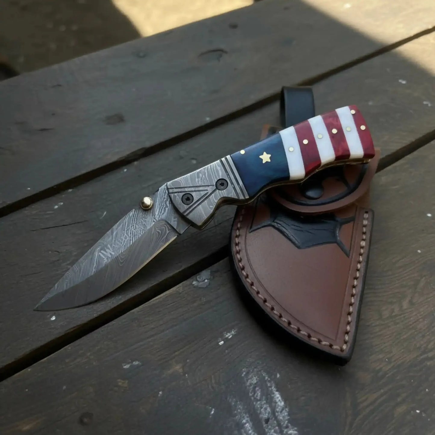 Damascus Folding Pocket Knife — American Flag Handle